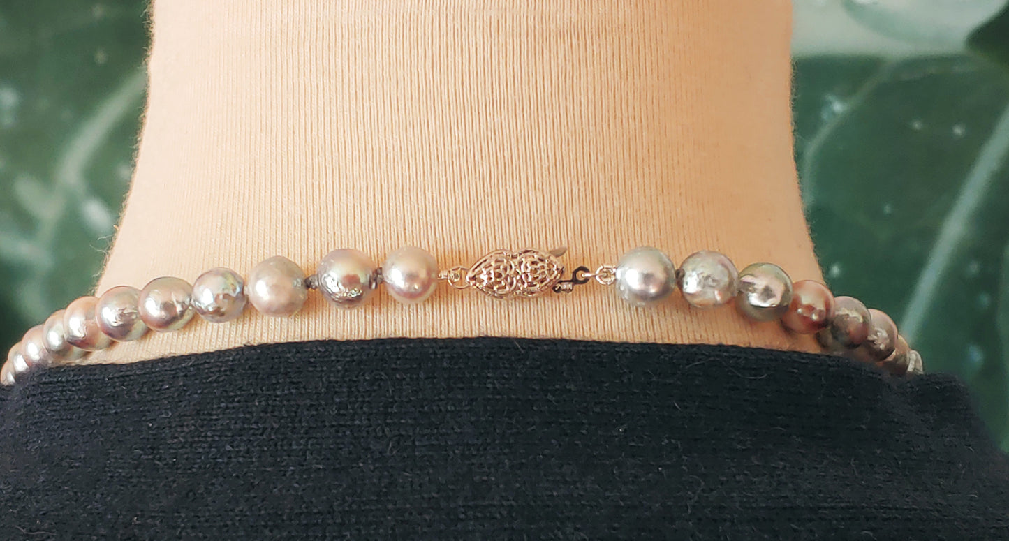 Silver Baroque Akoya pearl necklace 7 - 7.5 mm with 14k white gold clasp