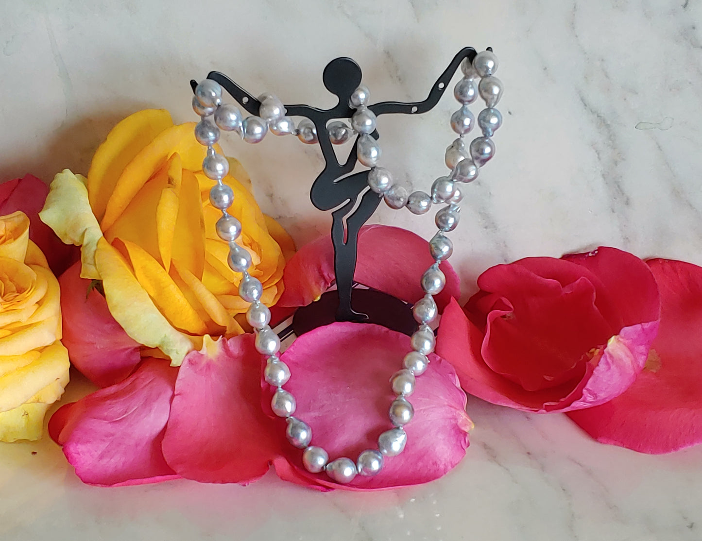 Silver Baroque Akoya pearl necklace 7 - 7.5 mm with 14k white gold clasp