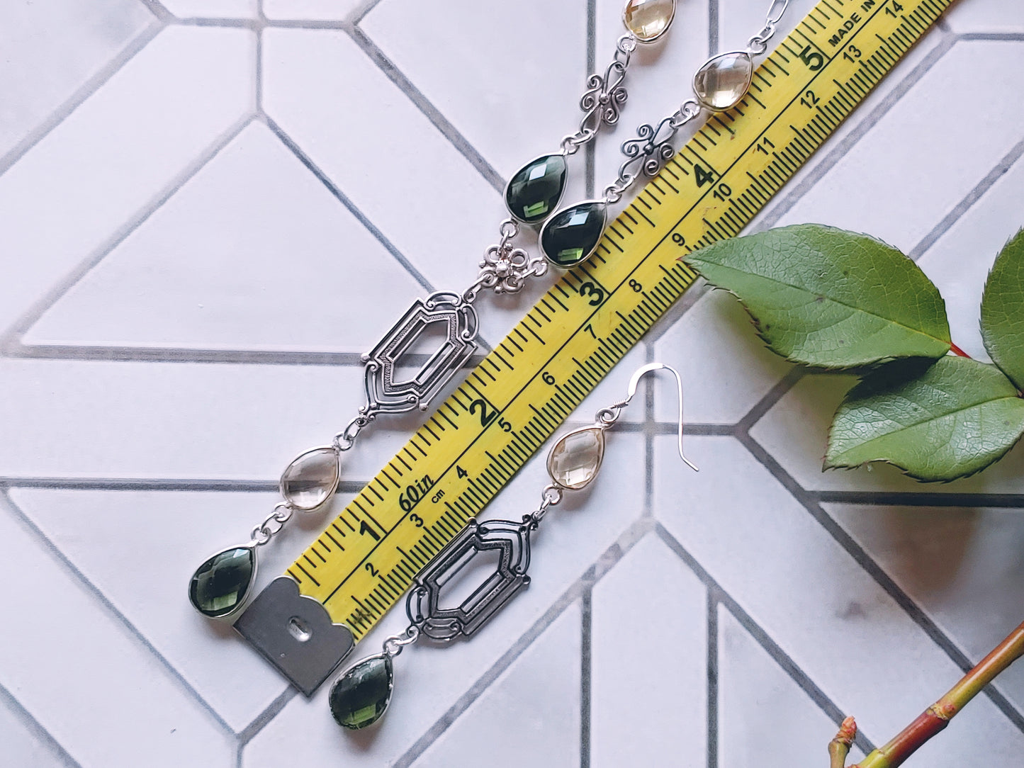 Deco Style silver pendant Y necklace and matching earrings