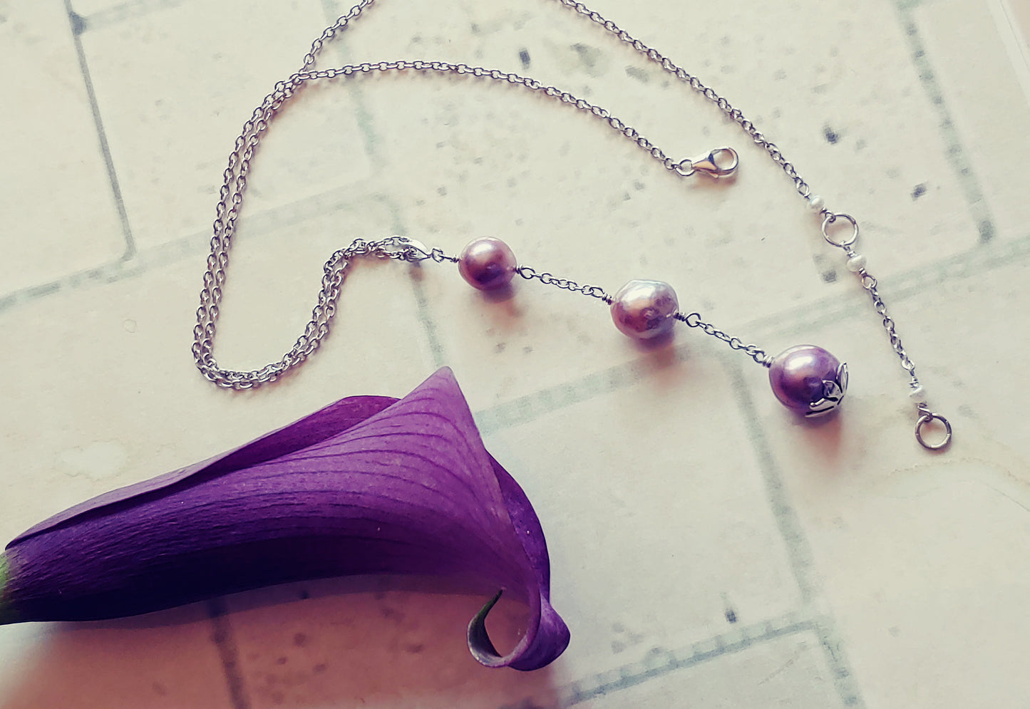 Edison pearl Y necklace on sterling silver chain