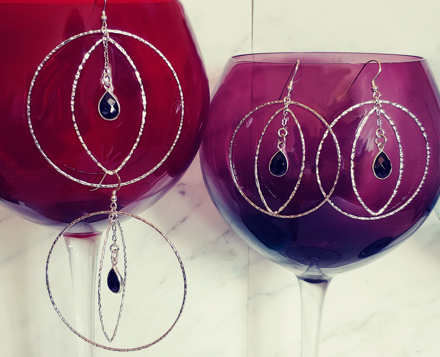 Hammered Sterling silver circle and oval hoop earrings