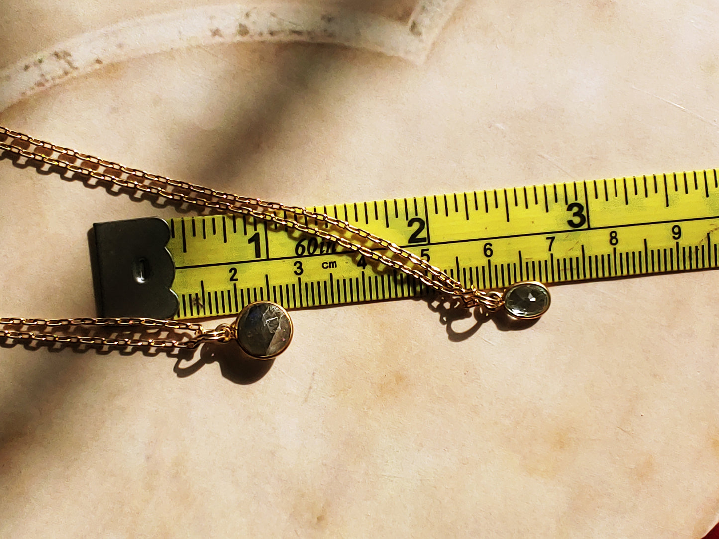 Layering necklaces with bezel drops on 14k Gold filled chain
