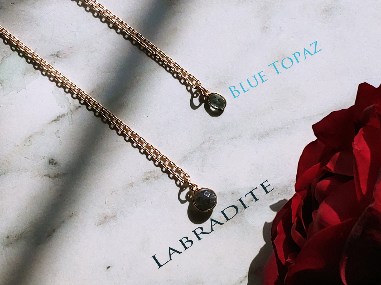 Layering necklaces with bezel drops on 14k Gold filled chain