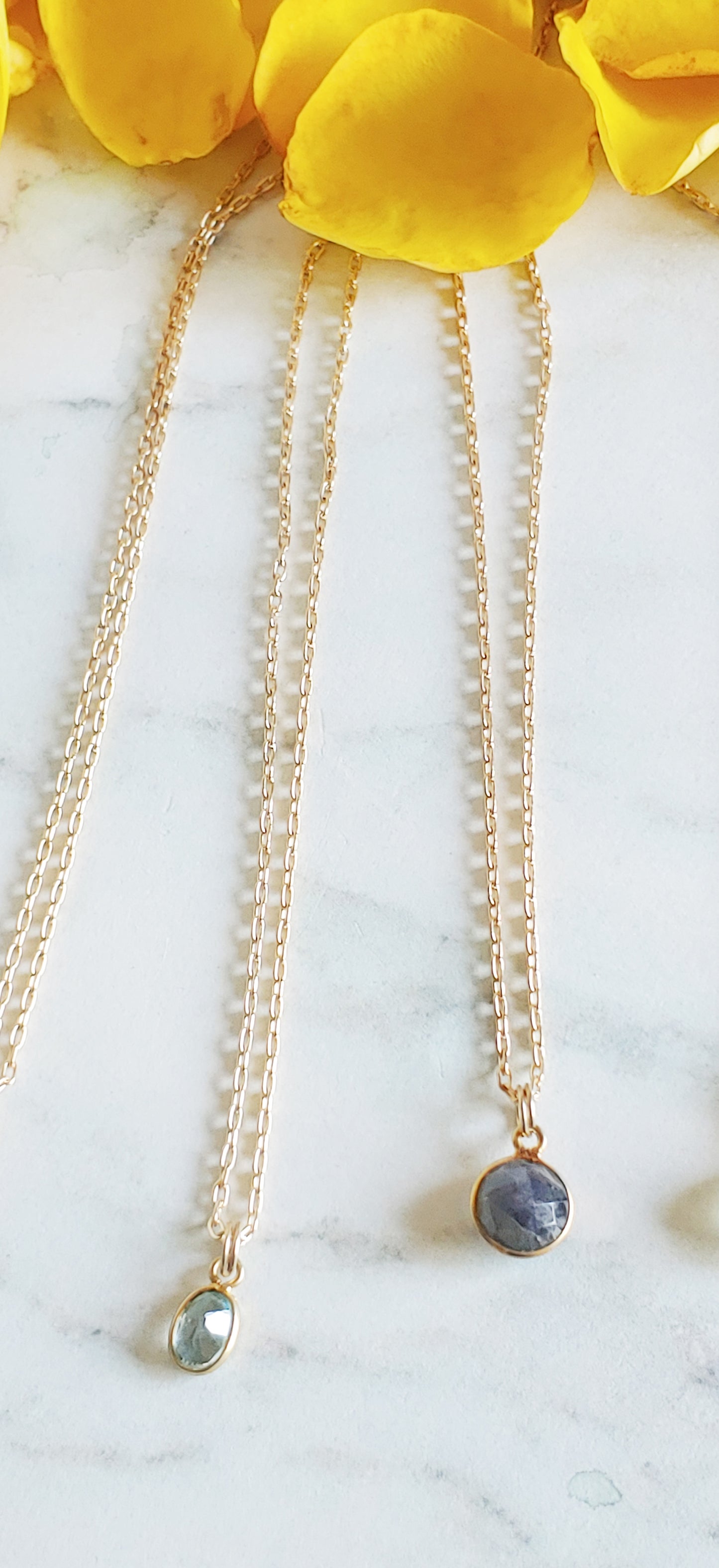 Layering necklaces with bezel drops on 14k Gold filled chain