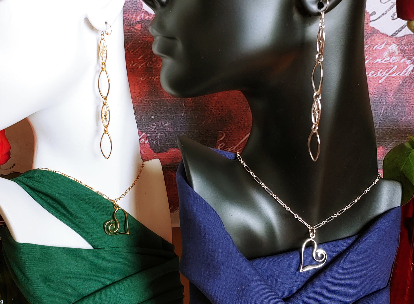 Leaf hoop and sunburst drop earrings in Rhodium and 24k gold plate