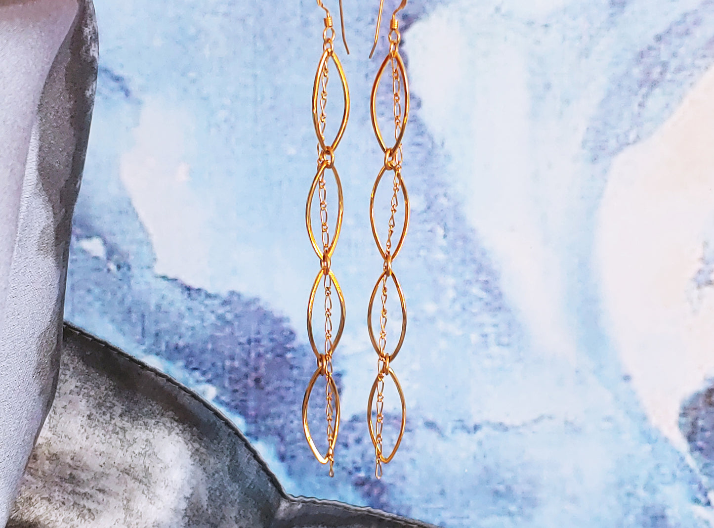 Leaf link drop hoop earrings