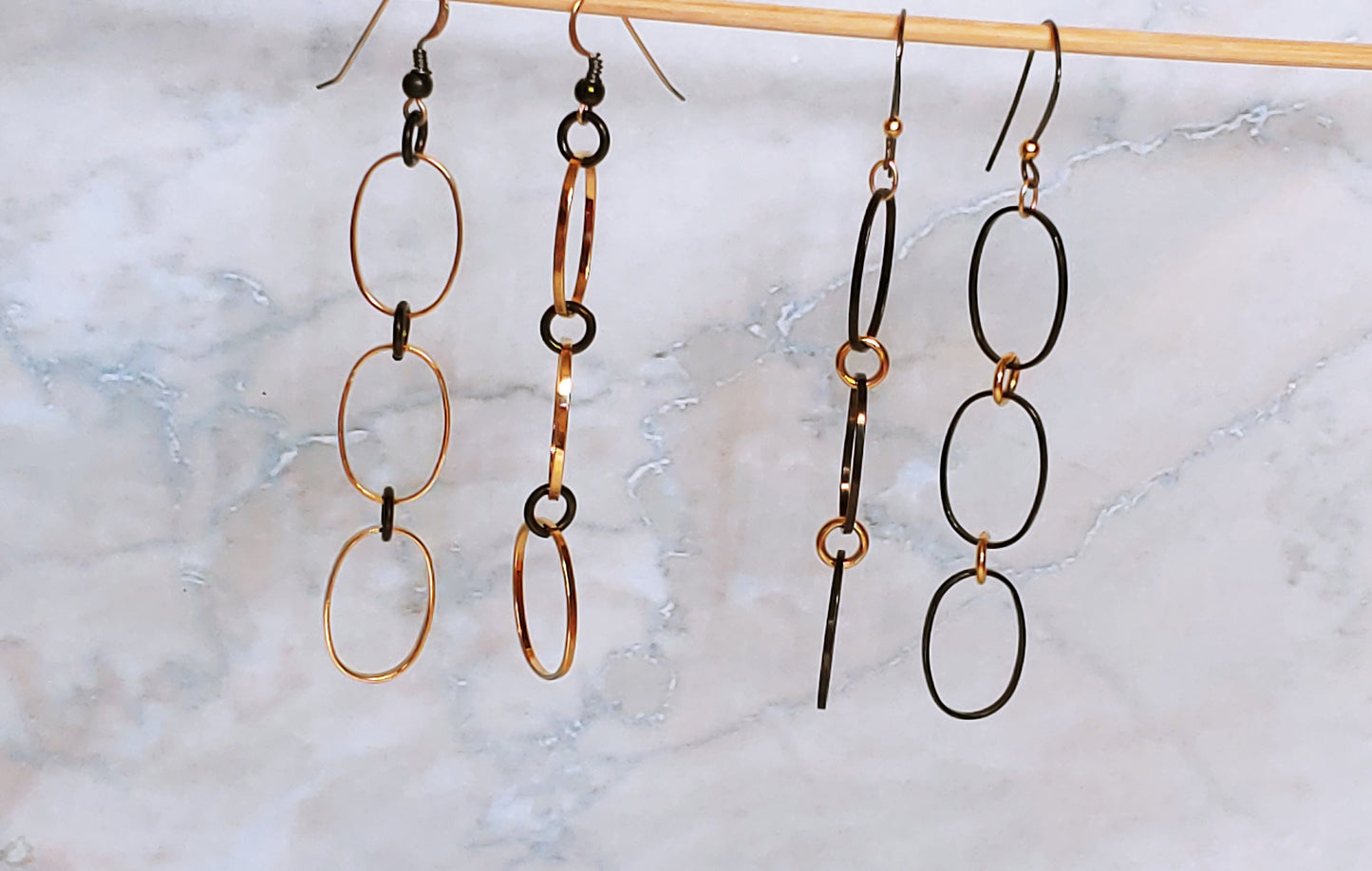 Oval link drop earrings in gunmetal and 24k gold plate