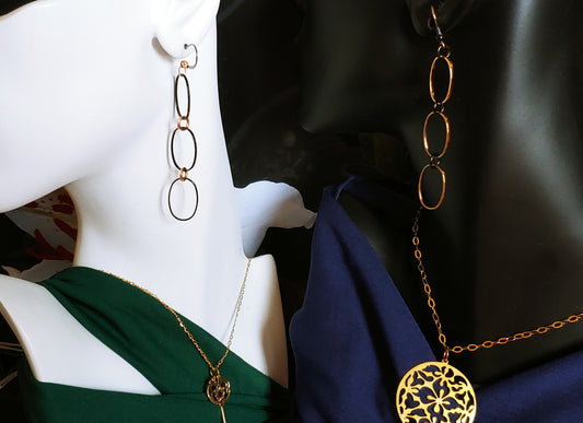 Oval link drop earrings in gunmetal and 24k gold plate