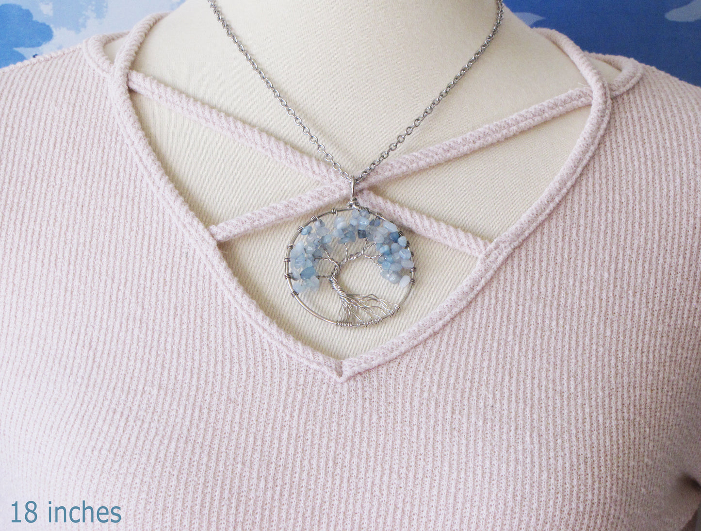 Aquamarine Tree of lfie pendant necklace