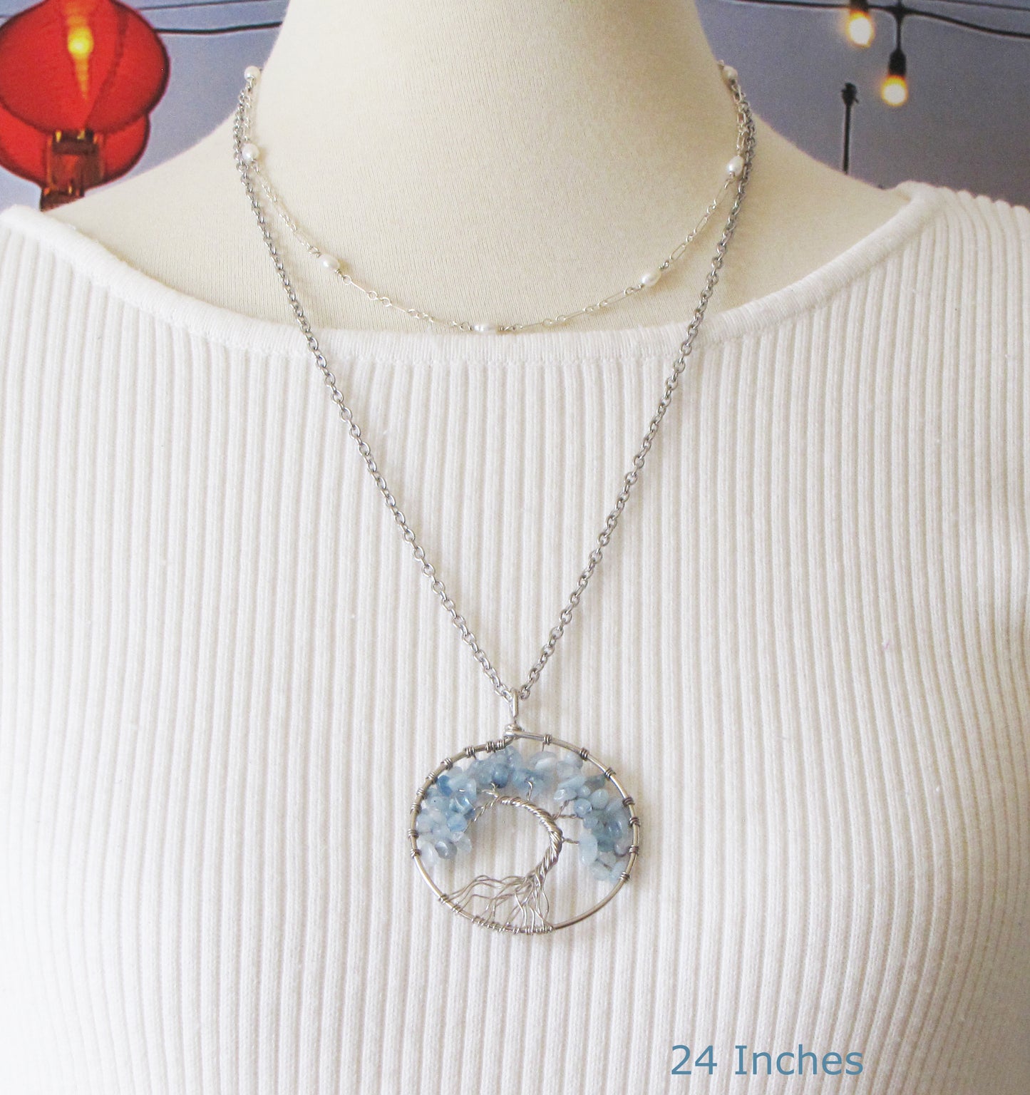 Aquamarine Tree of lfie pendant necklace