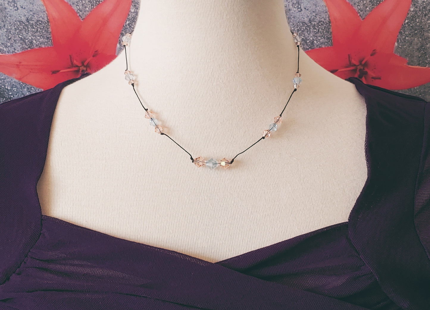 crystal floating necklace on silk cord