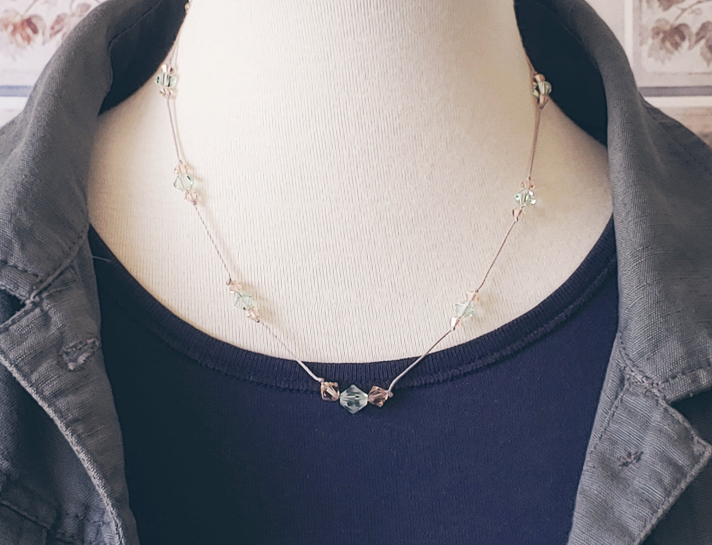 crystal floating necklace on silk cord