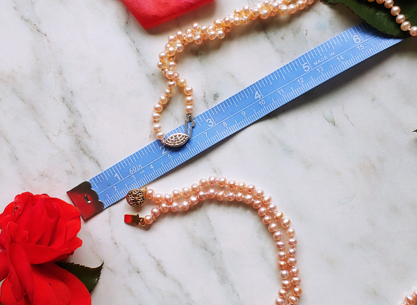 Salmon colored freshwater pearl necklace