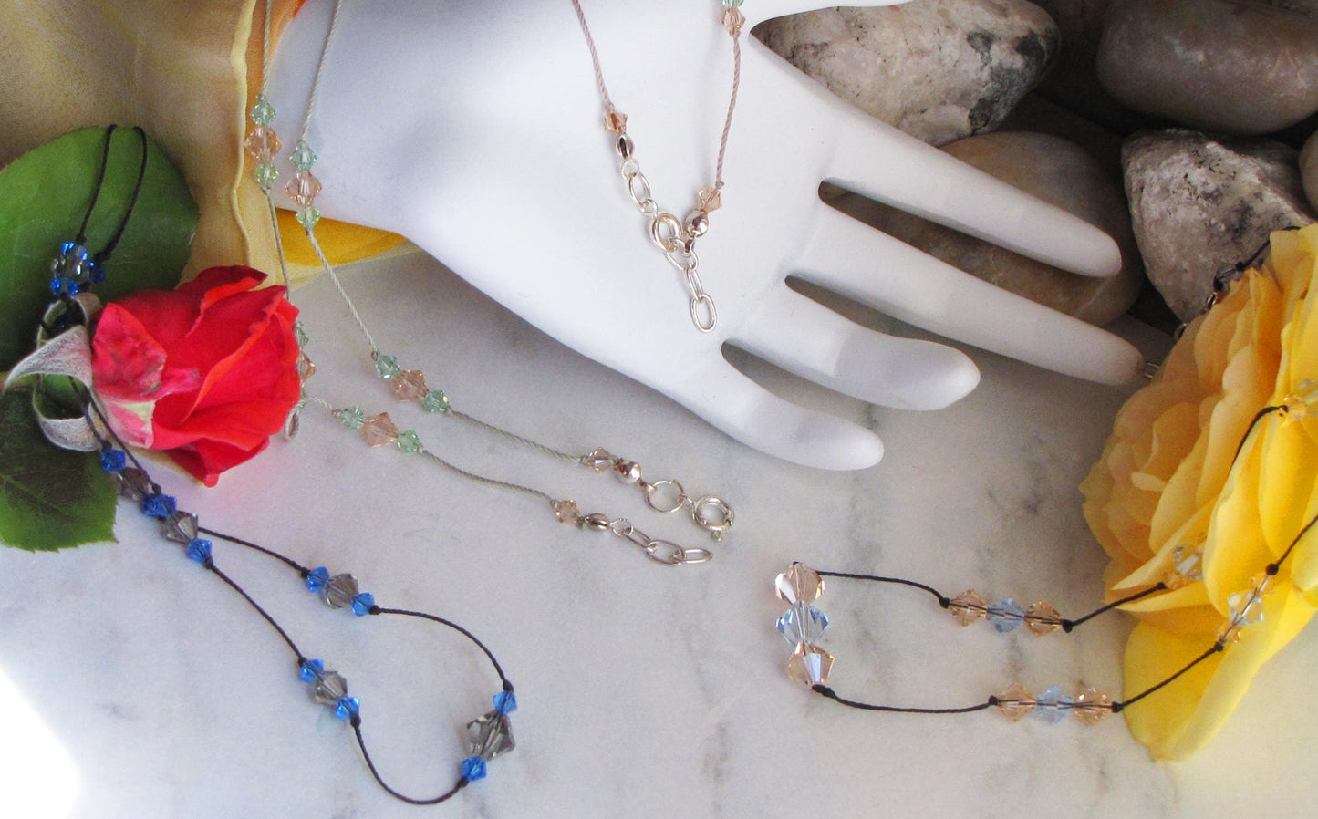 crystal floating necklace on silk cord