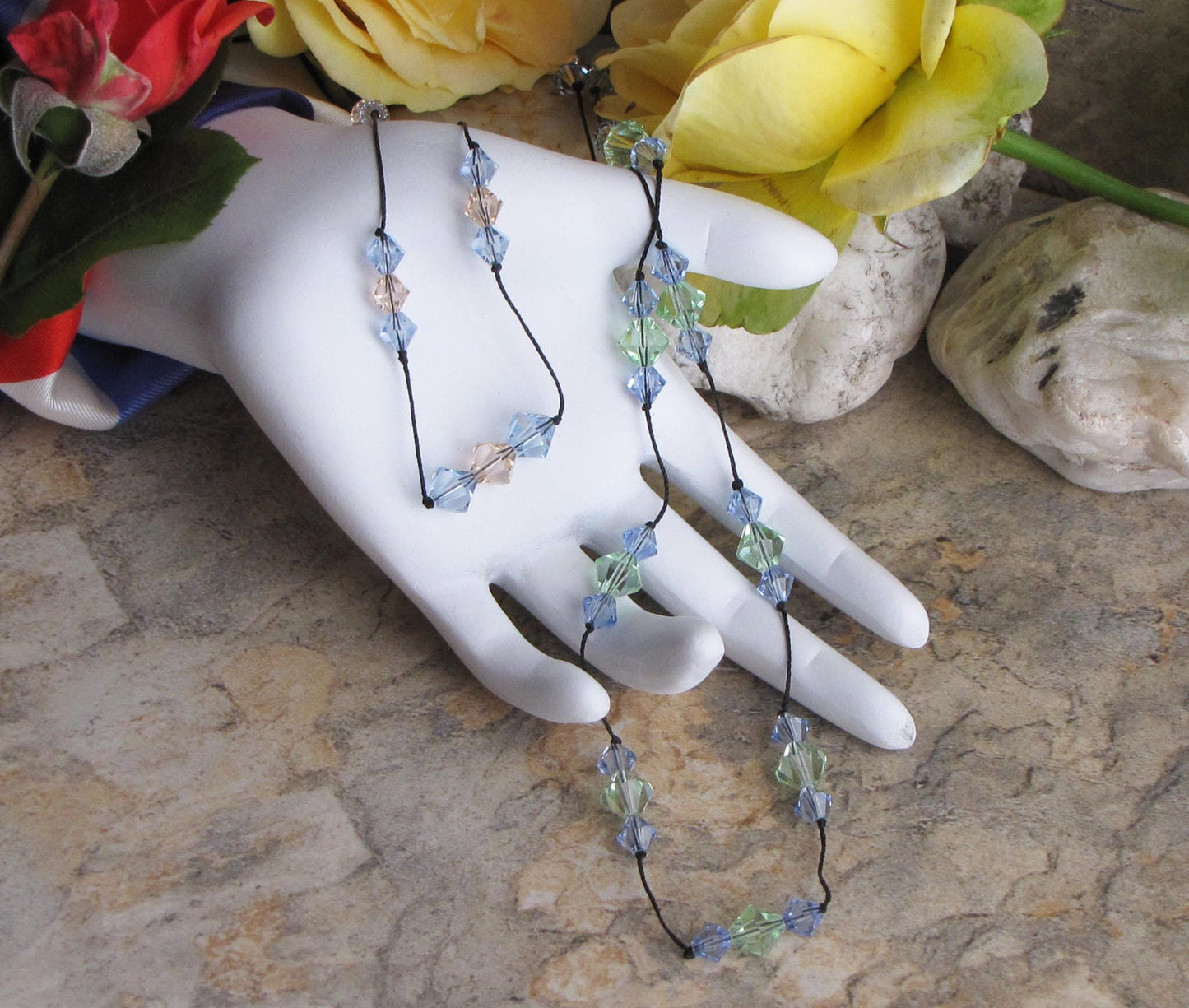 tin cup crystal necklace on nylon