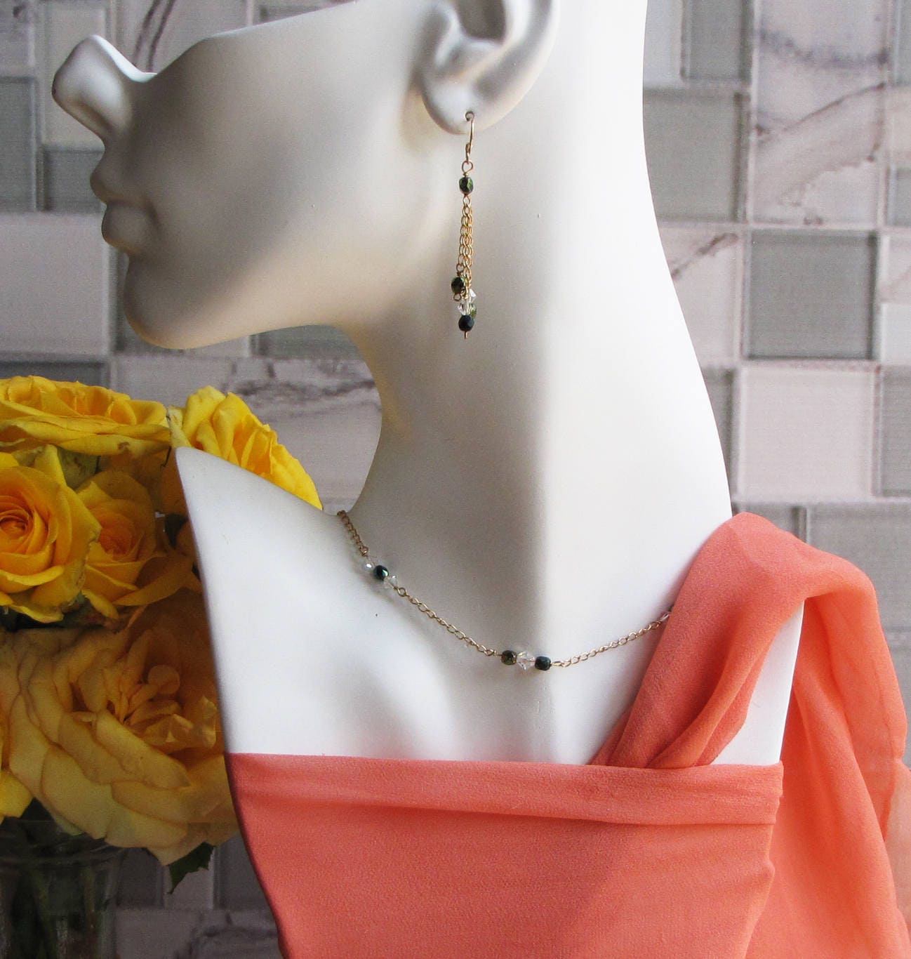 Swarovski crystal necklace with matching drop earrings set.