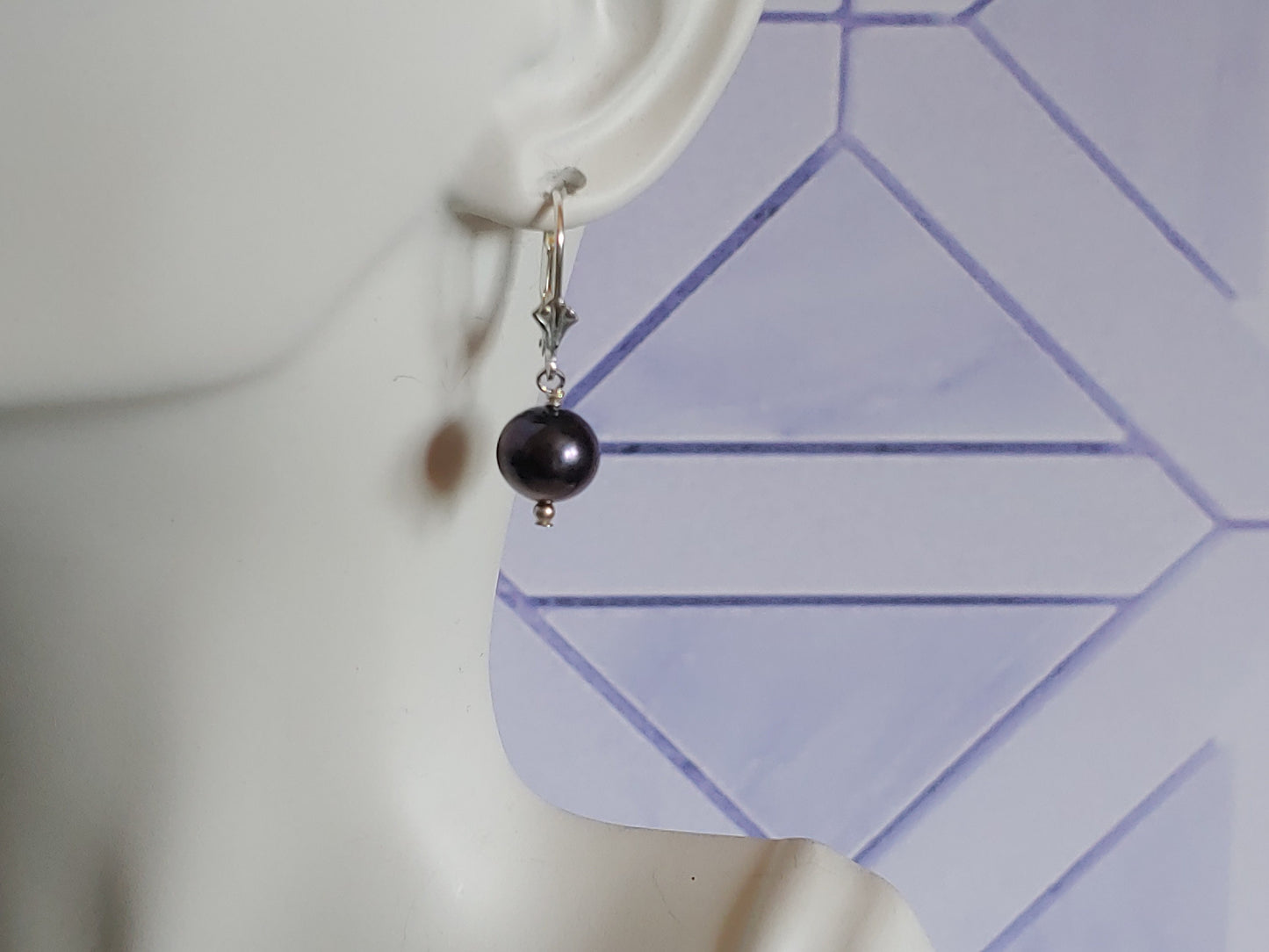 Cultured gray pearl drop earring with  sterling silver Fleur-de-lis Lever backs