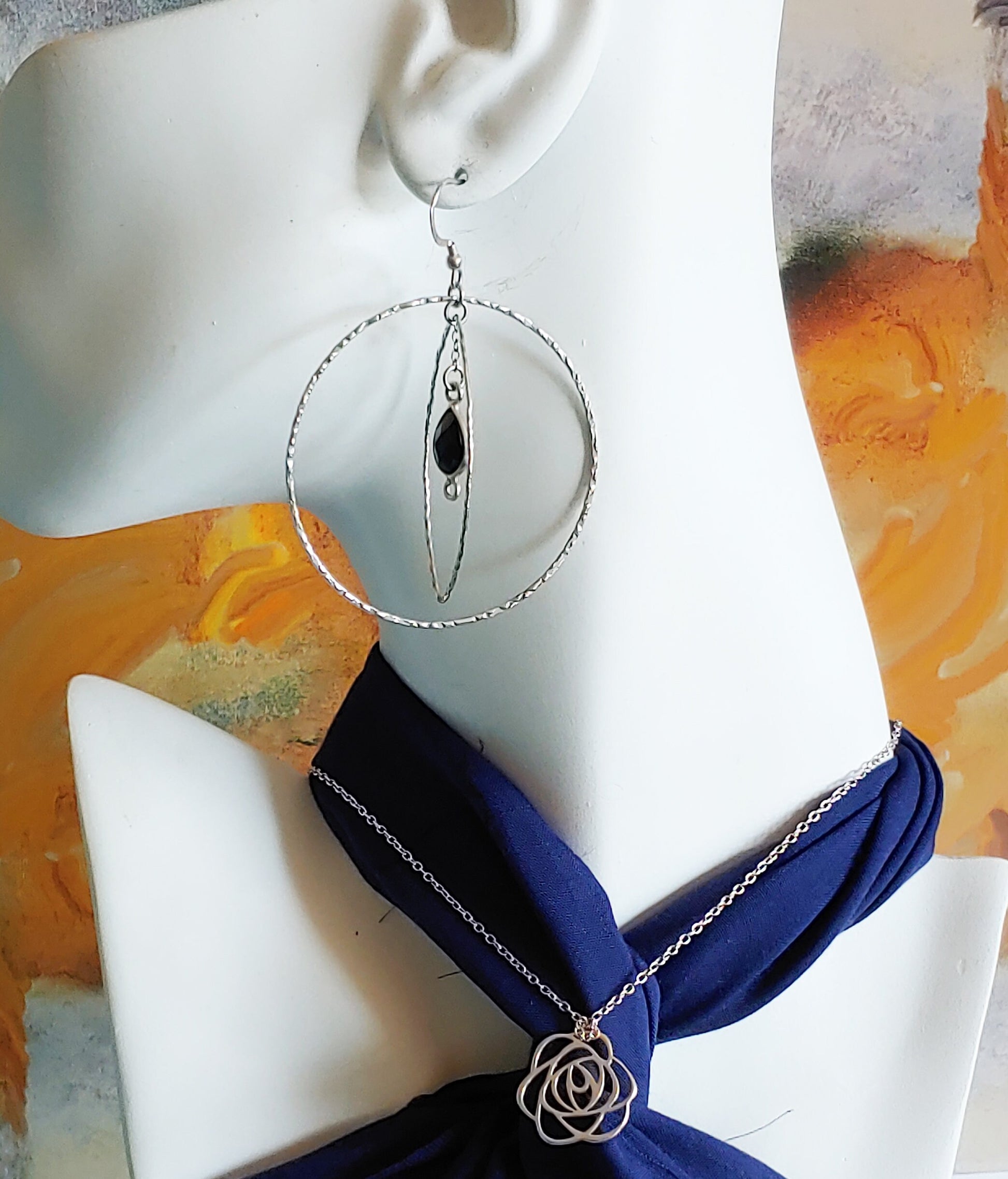 Hammered Sterling silver circle and oval hoop earrings