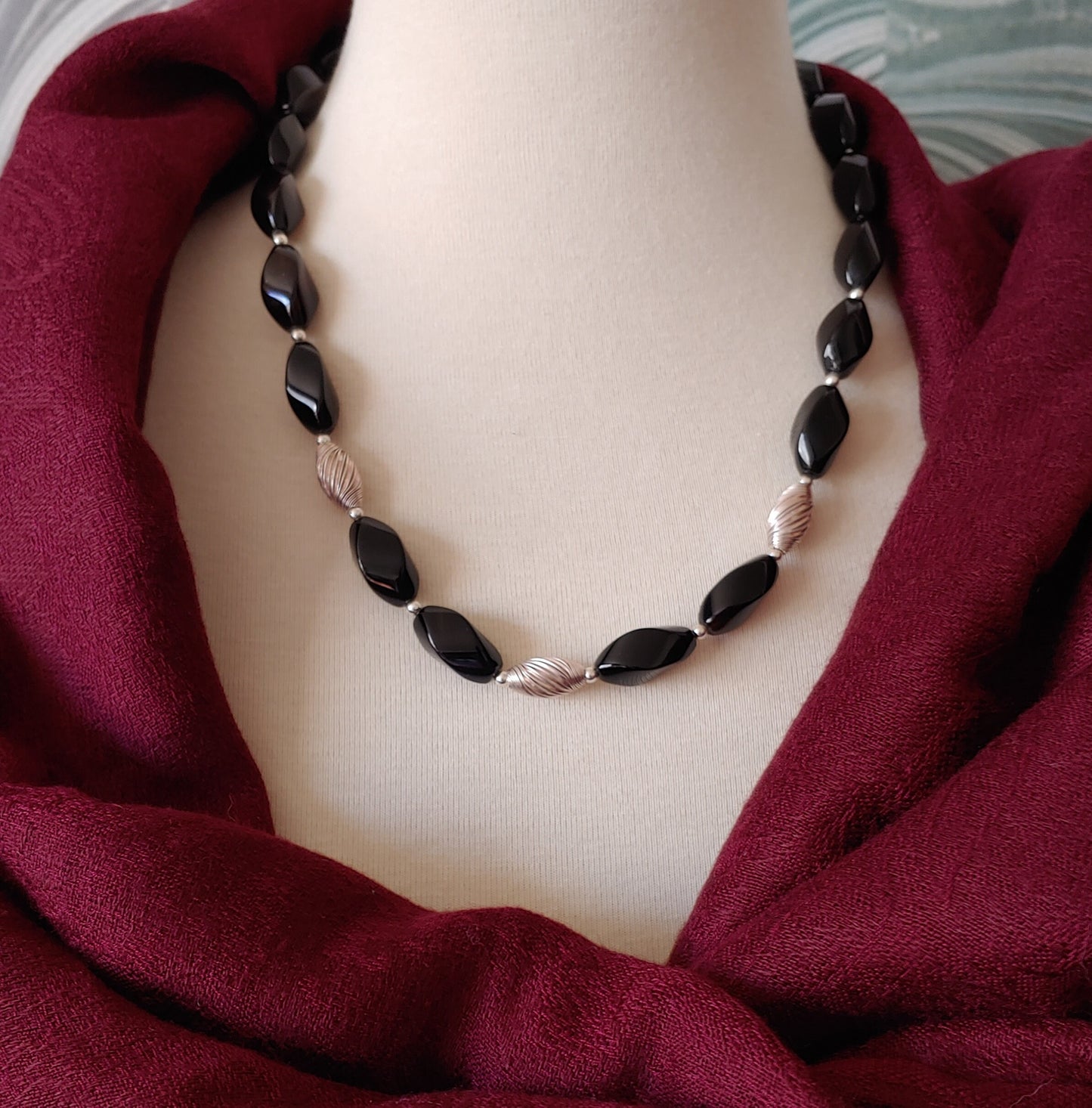 Black Onyx Swirl necklace with sterling silver accents