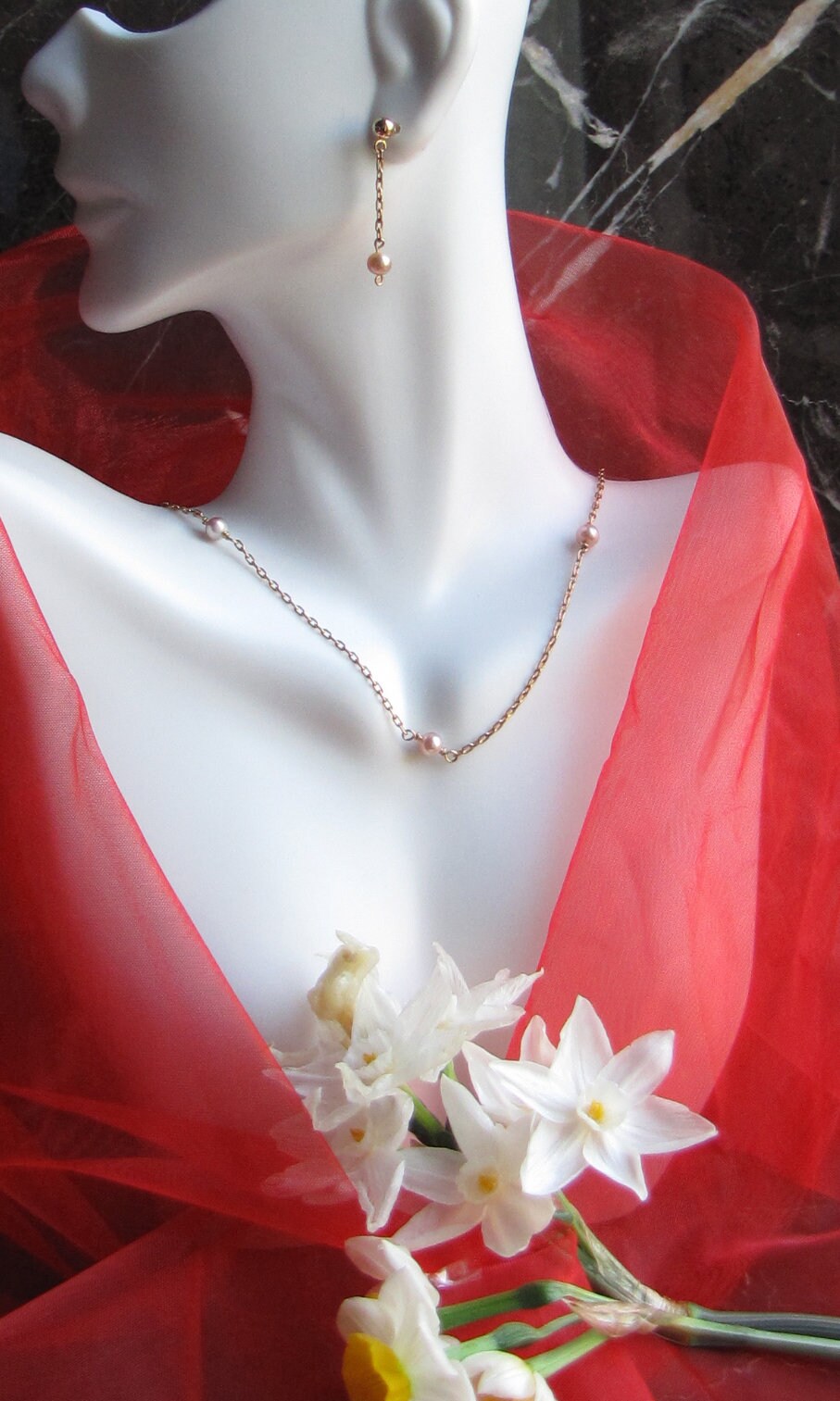 Gold filled Tin cup necklace and pearl drop earring gift set