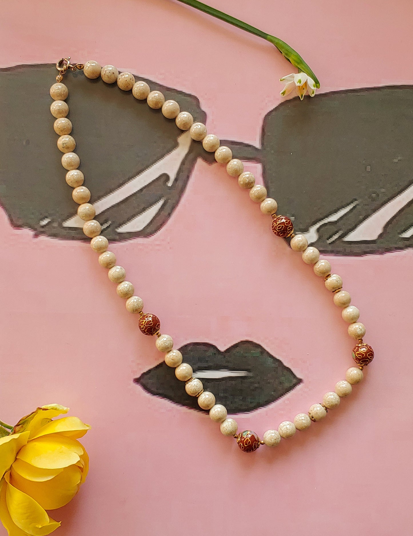 River stone and cloisonne necklace