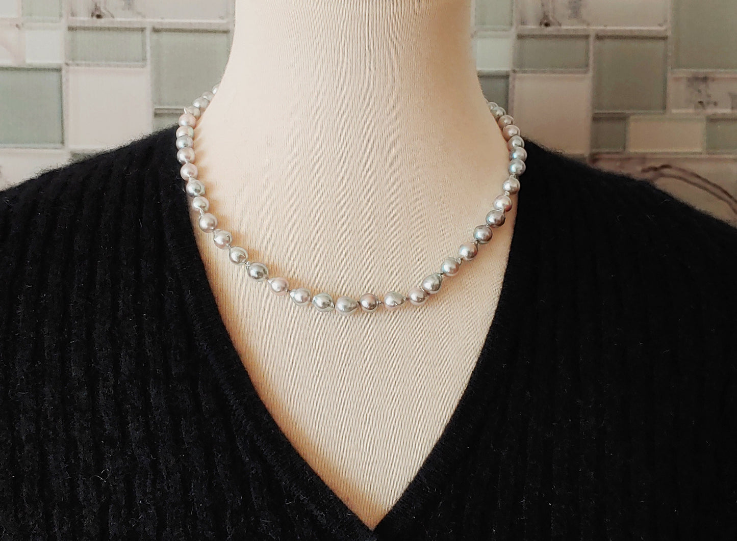 Silver Baroque Akoya pearl necklace 7 - 7.5 mm with 14k white gold clasp