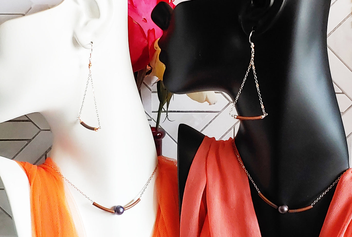 Floating pearl bar necklace and matching curved swing earrings