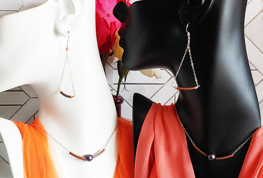 Floating pearl bar necklace and matching curved swing earrings