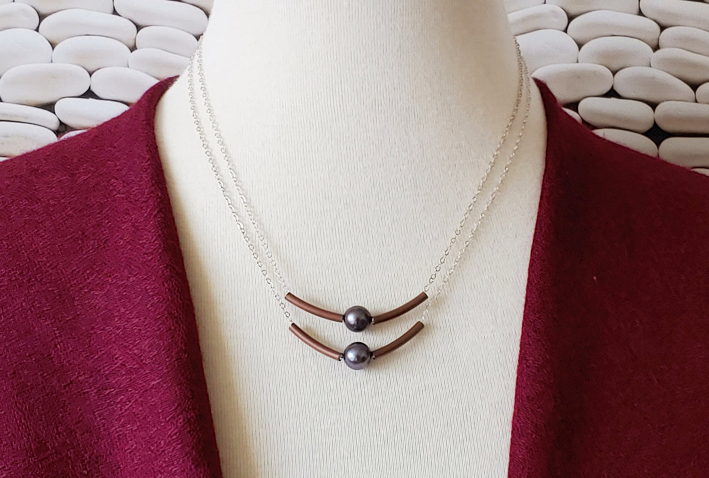 Floating pearl bar necklace and matching curved swing earrings