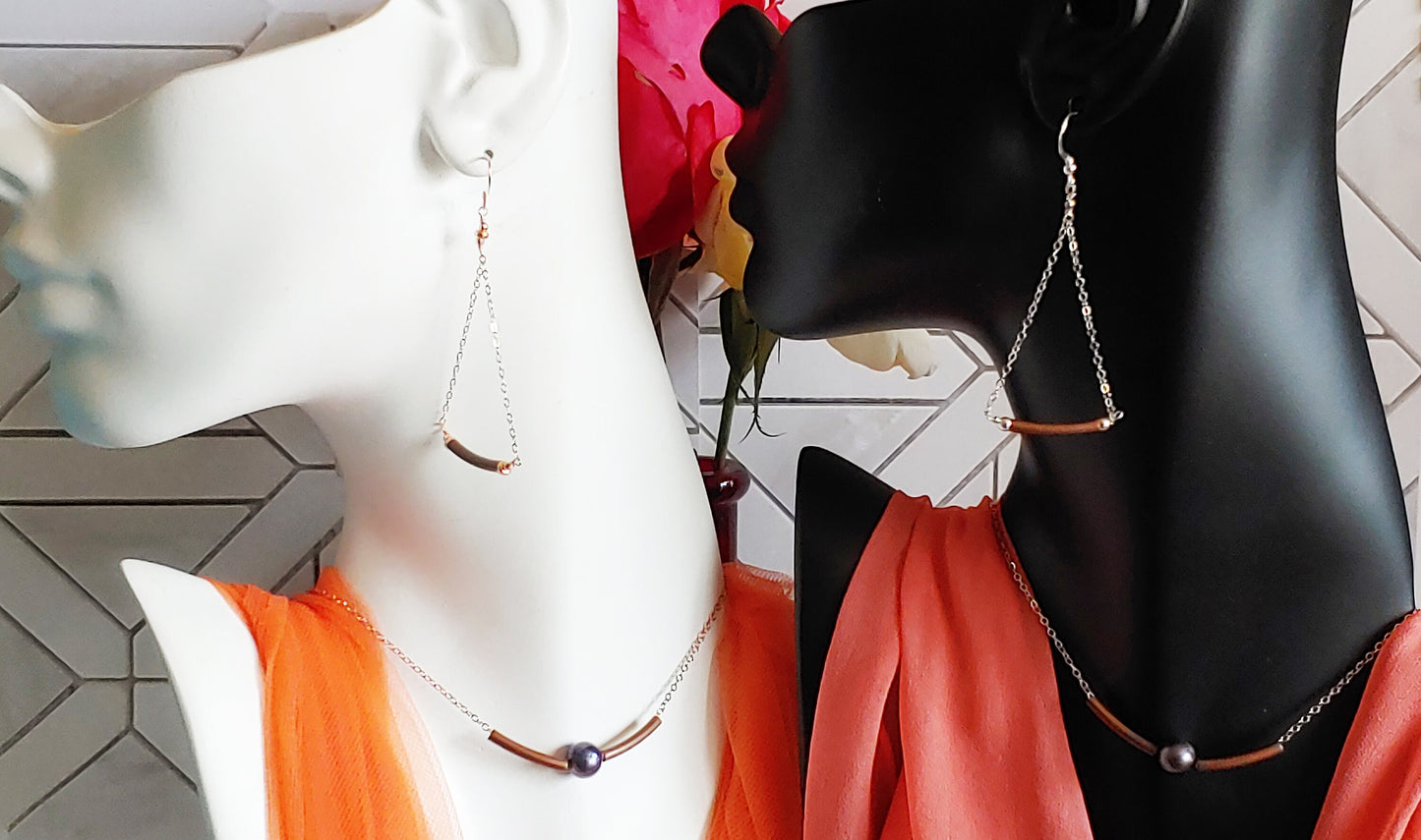 Floating pearl bar necklace and matching curved swing earrings