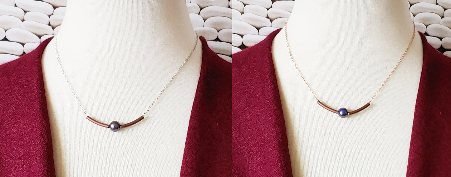 Floating pearl bar necklace and matching curved swing earrings