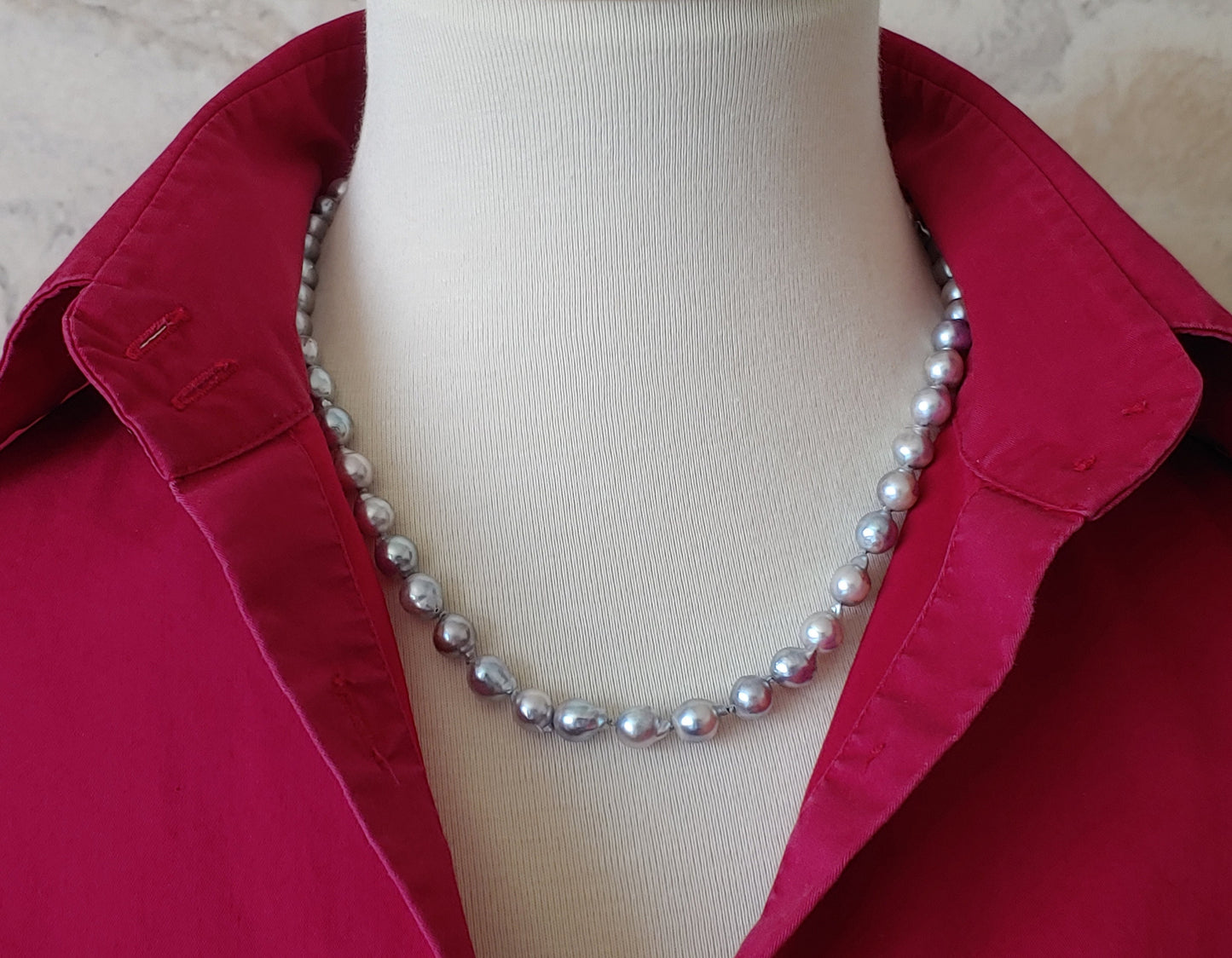 Silver Baroque Akoya pearl necklace 7 - 7.5 mm with 14k white gold clasp