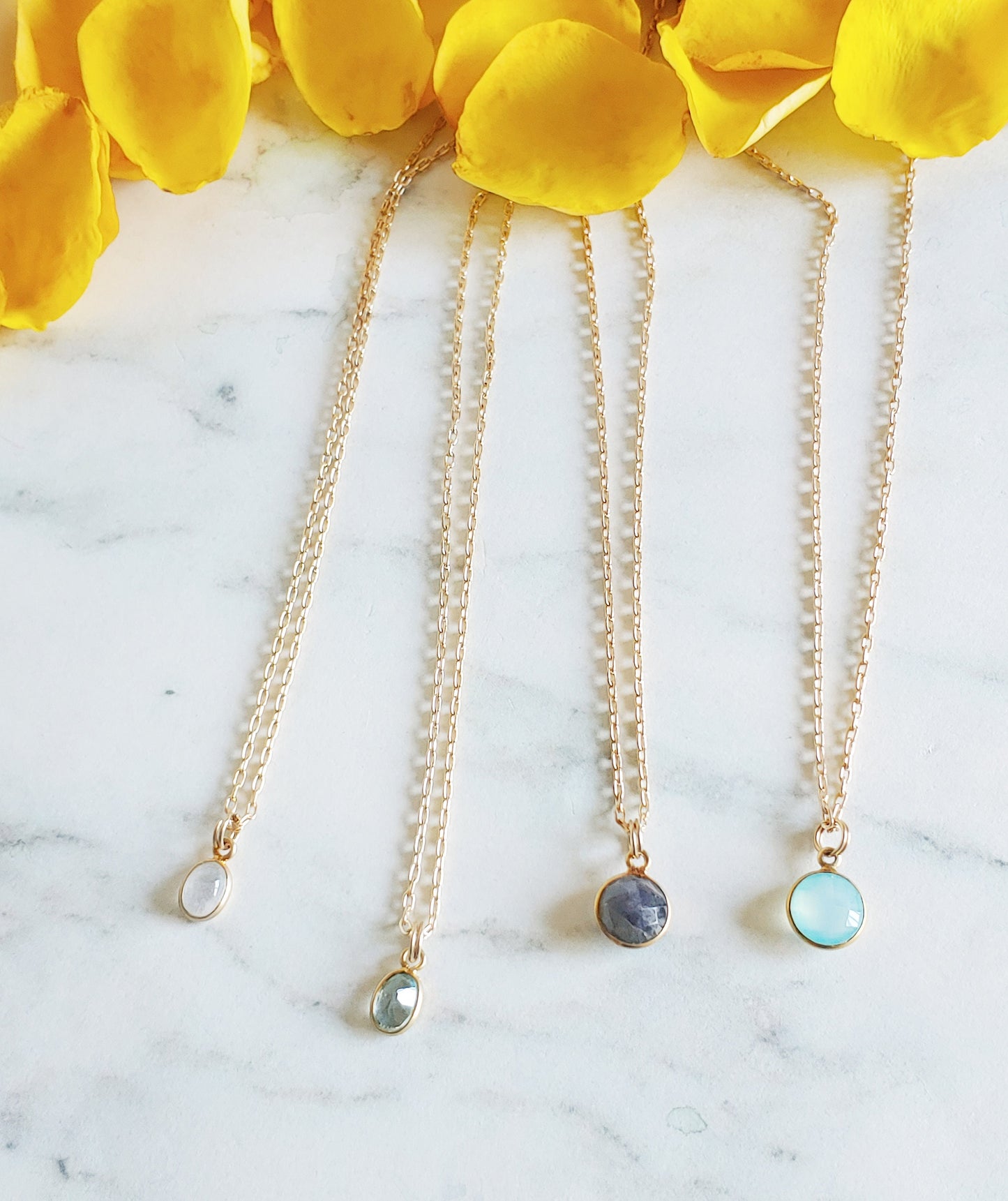 Layering necklaces with bezel drops on 14k Gold filled chain