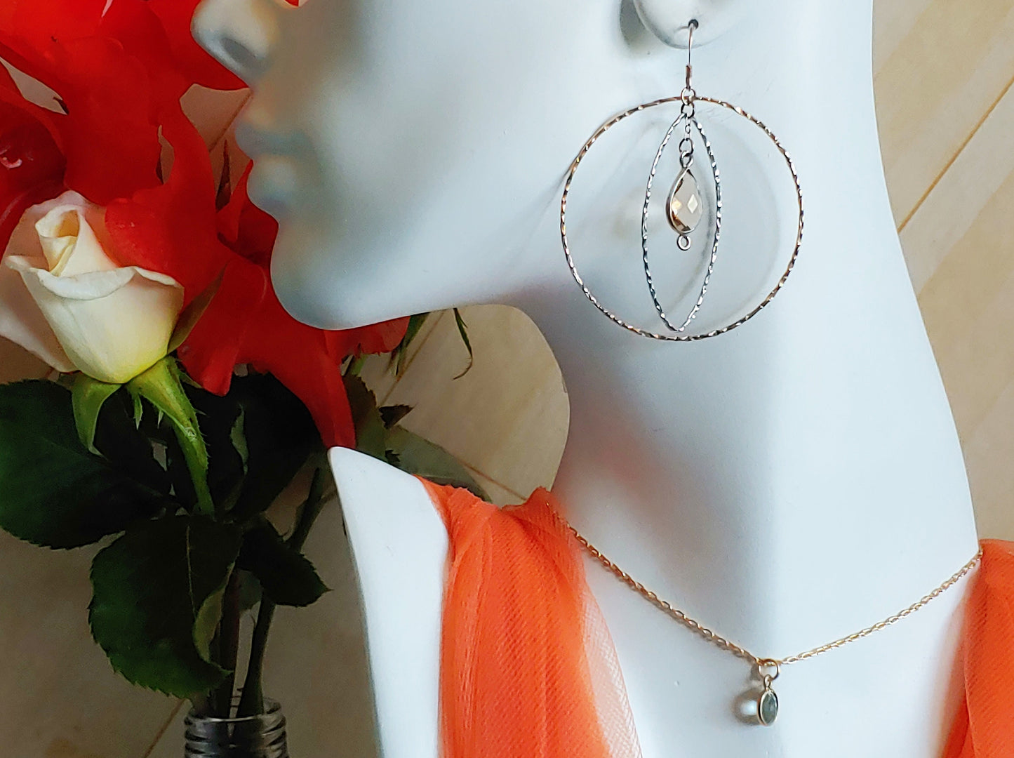 Layering necklaces with bezel drops on 14k Gold filled chain