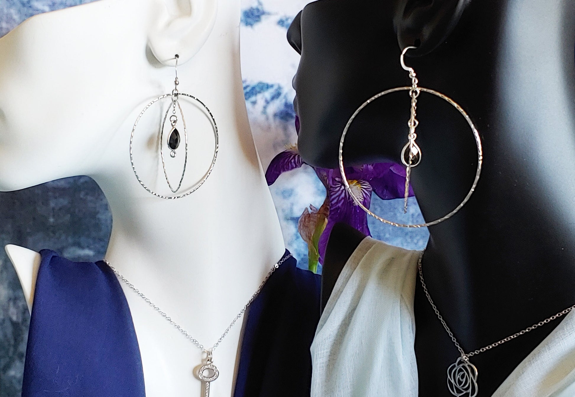 Hammered Sterling silver circle and oval hoop earrings