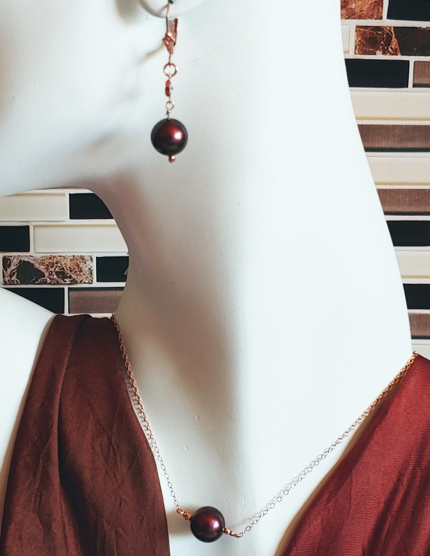 Copper fresh water pearl pendant necklace & earring set on rose gold chain