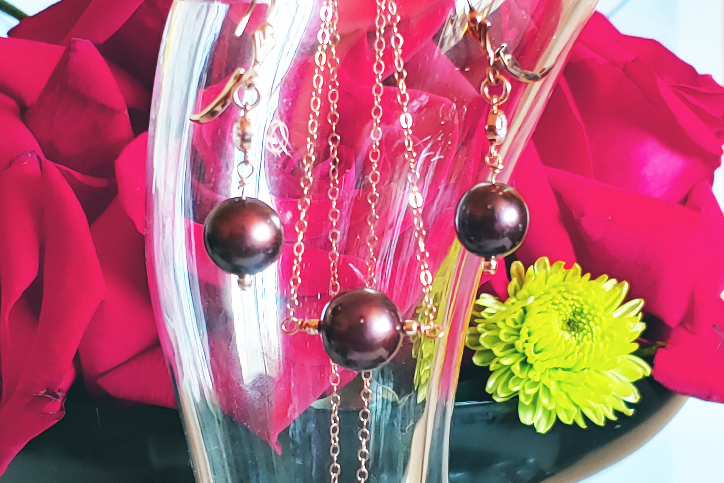 Copper fresh water pearl pendant necklace & earring set on rose gold chain