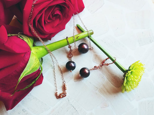 Copper fresh water pearl pendant necklace & earring set on rose gold chain