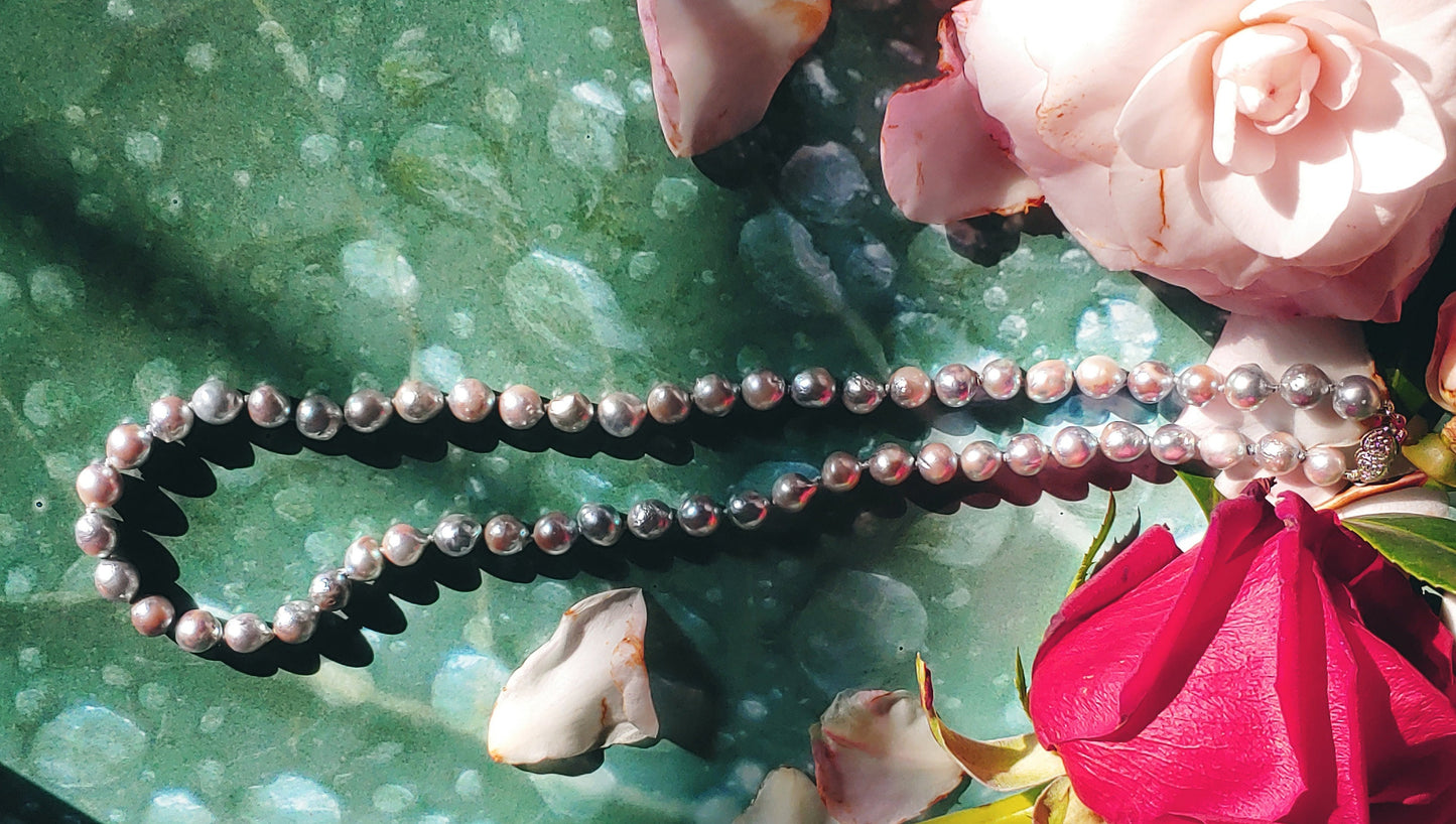 Silver Baroque Akoya pearl necklace 7 - 7.5 mm with 14k white gold clasp