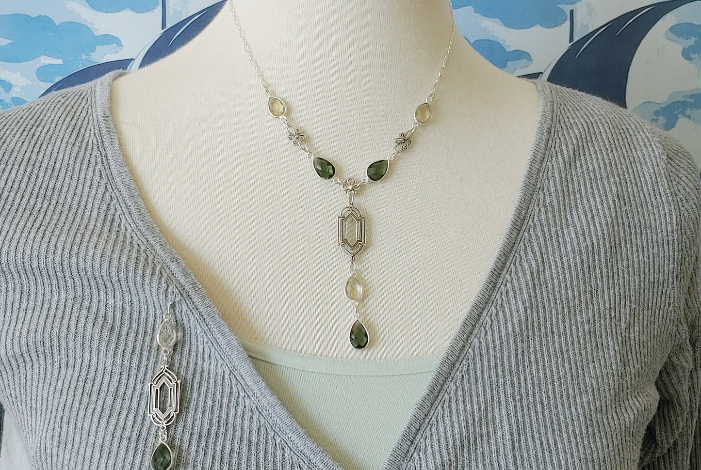 Deco Style silver pendant Y necklace and matching earrings