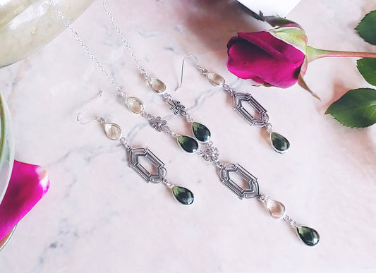 Deco Style silver pendant Y necklace and matching earrings