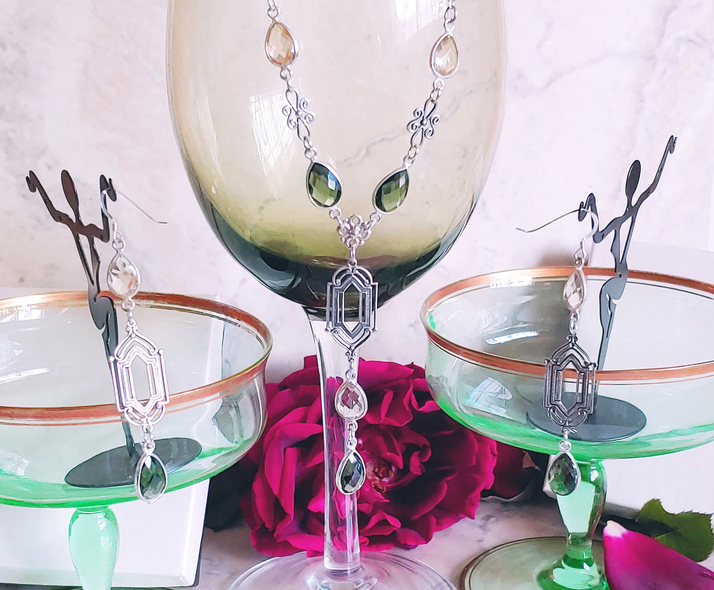 Deco Style silver pendant Y necklace and matching earrings