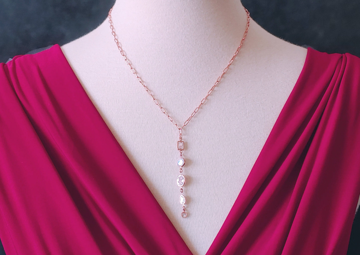 Rose gold filled  CZ pendant Y  necklace and matching drop earrings