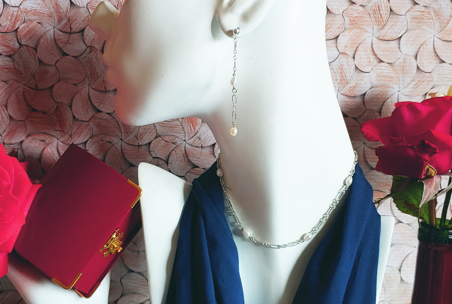 White Freshwater pearl tincup necklace and dangle earrings gift set