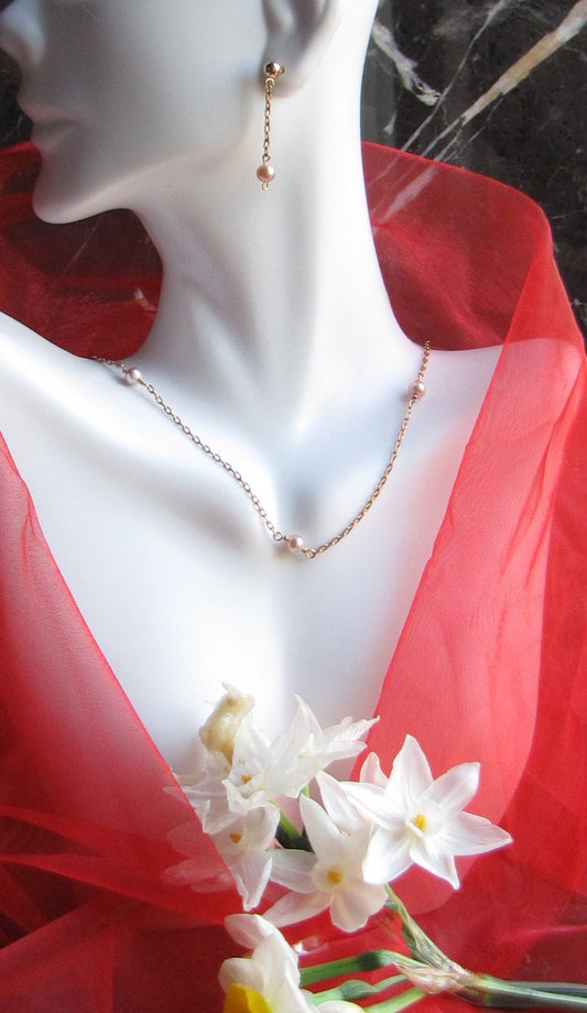 Freshwater pearl tin cup necklace with pearl dangle drop earrings