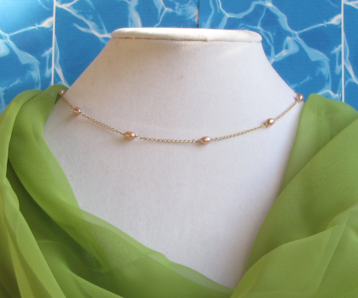 Salmon colored freshwater pearl tin cup necklace and earring set