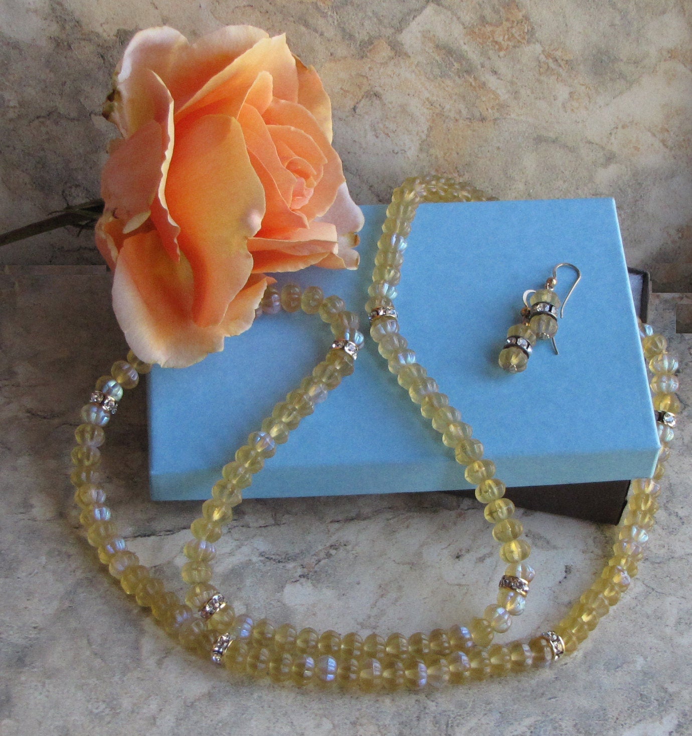 yellow flower bead necklace and earring set