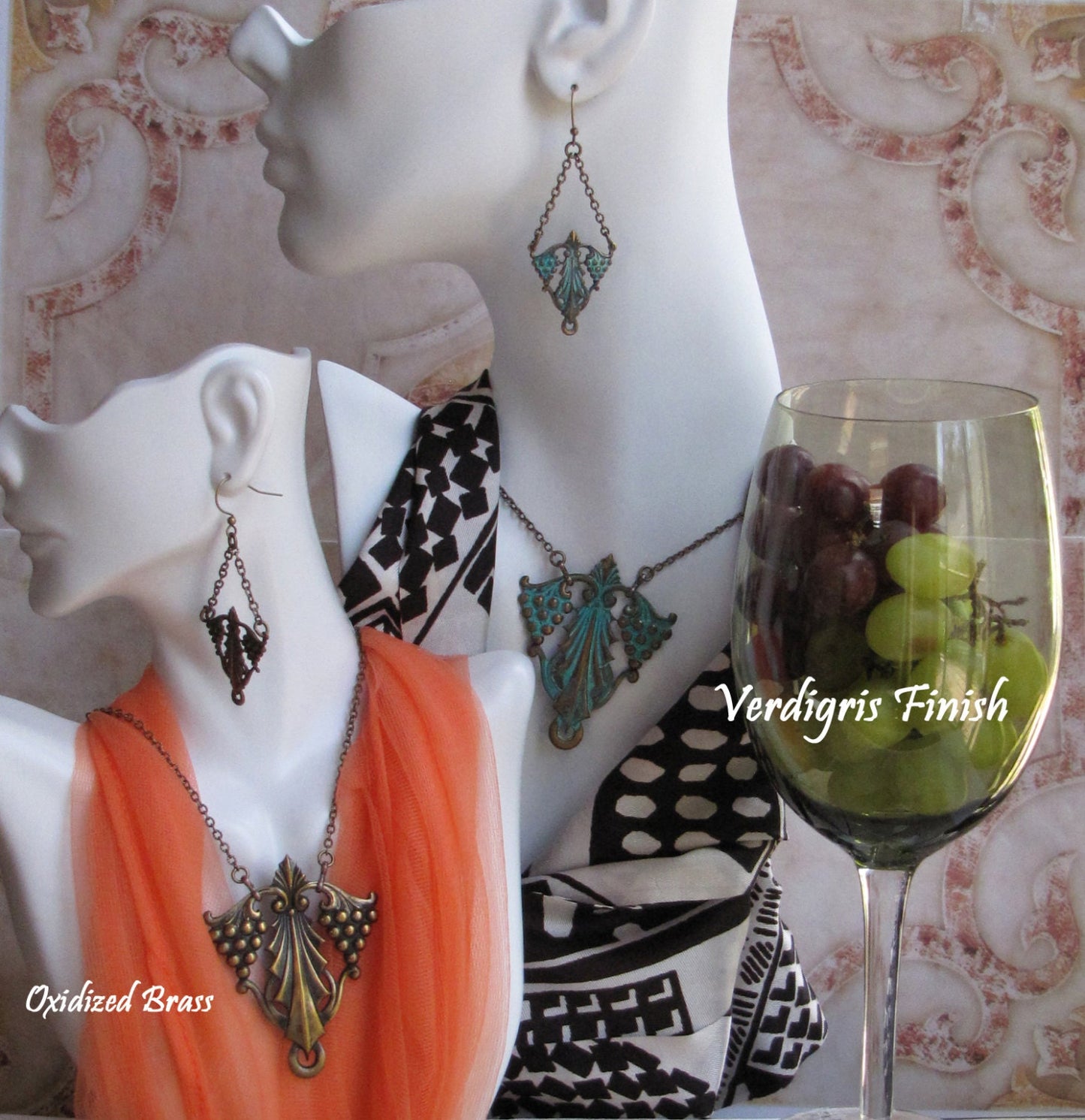 Grape leaf pendant necklace and drop earring set