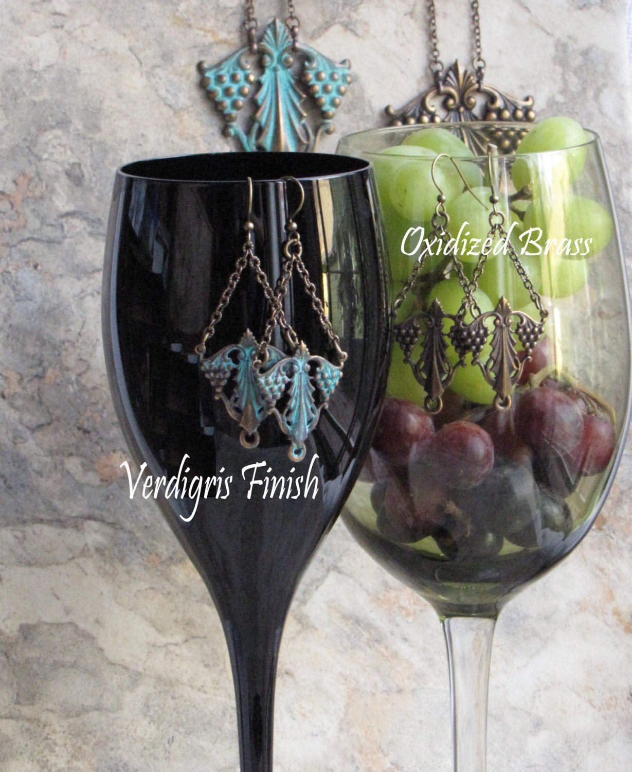 Grape leaf pendant necklace and drop earring set