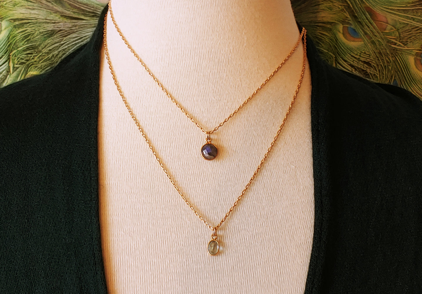 Layering necklaces with bezel drops on 14k Gold filled chain